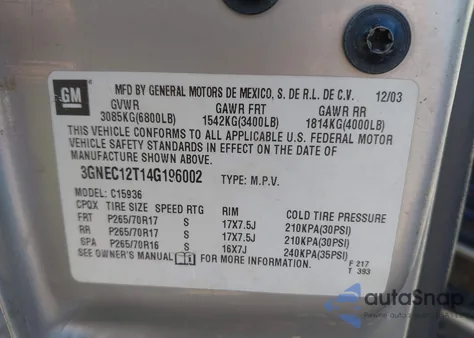 2004 Chevrolet Avalanche 1500 из США, поврежденный, VIN 3GNEC12T14G196002